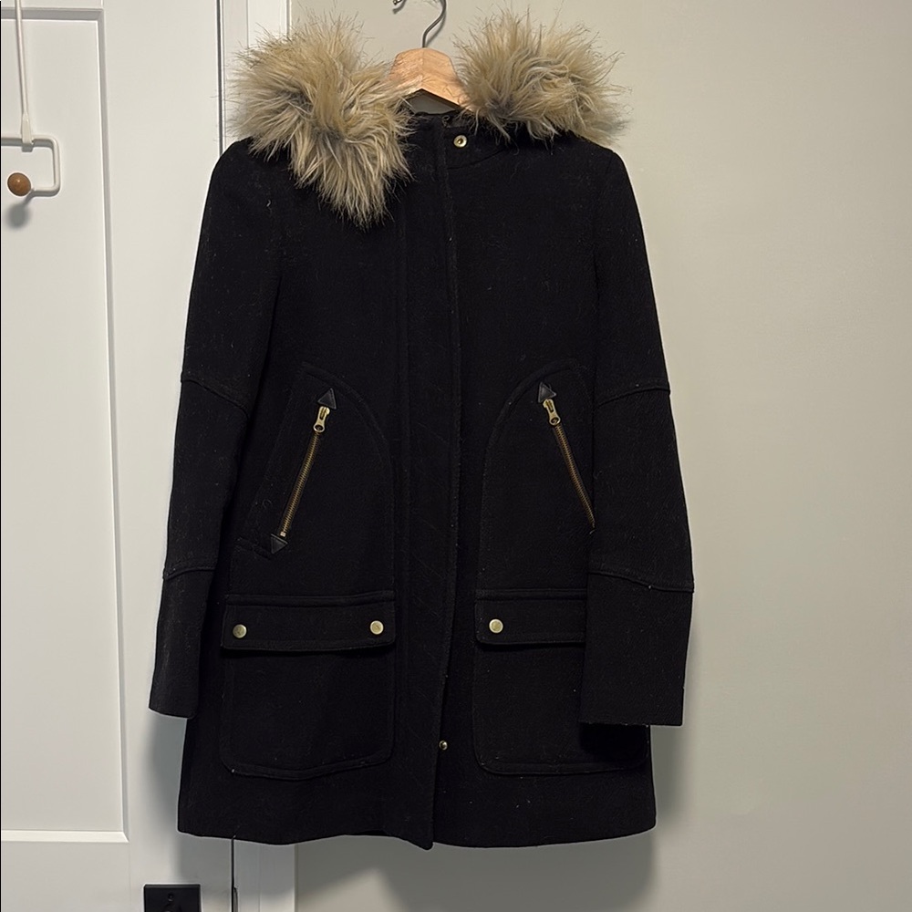 J Crew Wool Coat with Fur-Trimmed Hood